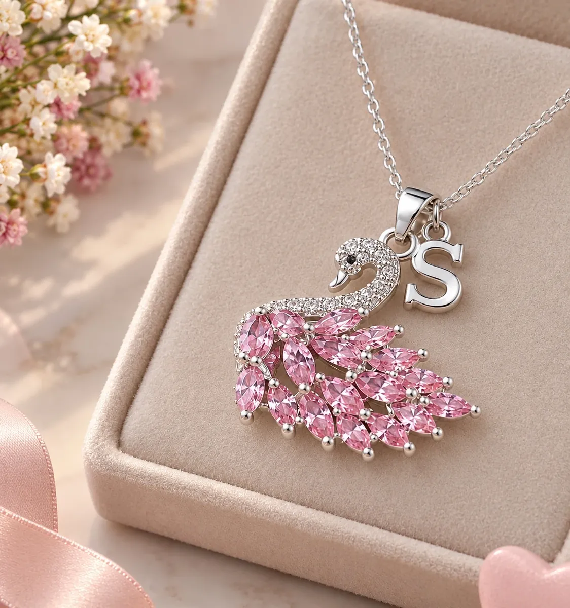 Kişiye Özel Harfli Swarovski Pembe Kuğu Kolye